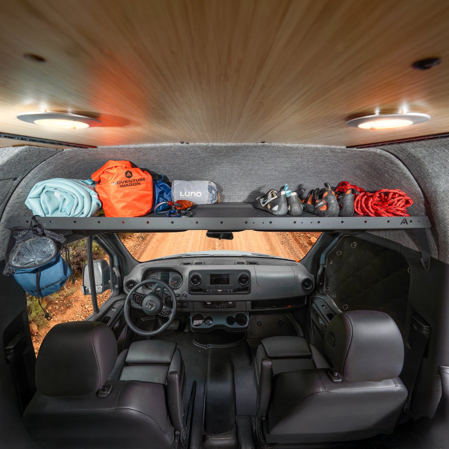 Adventure Wagon's Trad Headliner Shelf packed with gear