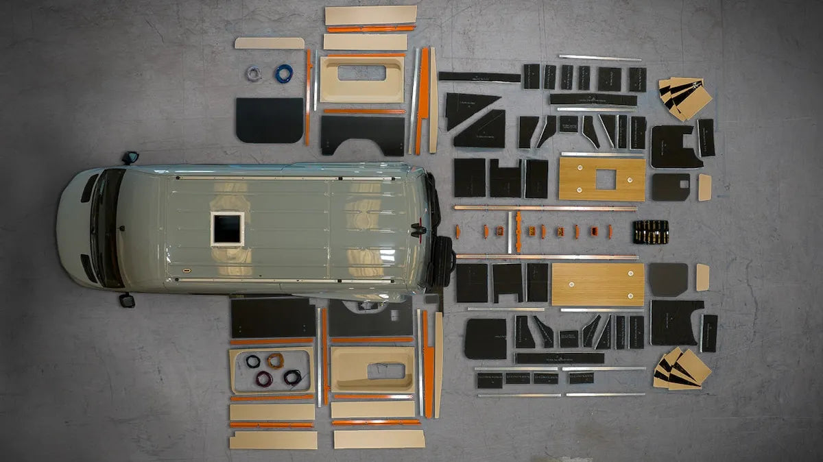 Overhead view of a Sprinter van surrounded by Adventure Wagon Interior System wall panels, ceiling panels, L-Track, trim, and installation components.